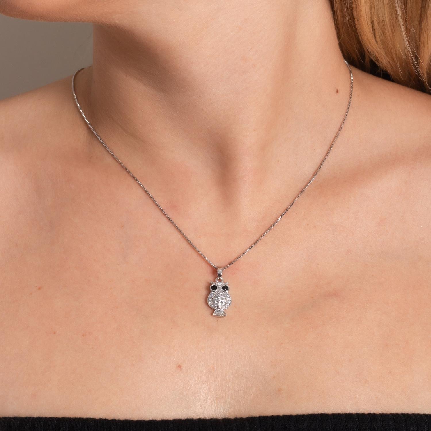 Clti-2142-Rd Colar De Coruja Cravejado Cristal - Ródio Branco (45cm+5cm).