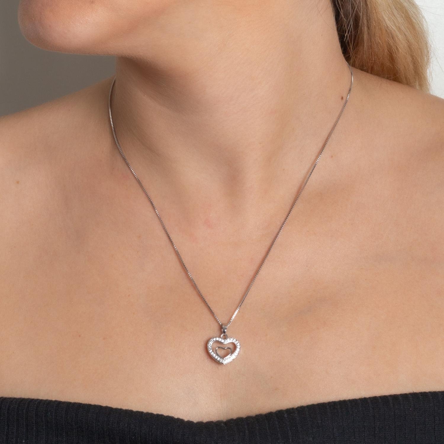 Clti-2145-Rd Colar Com Pingente De Coração Cravejado Cristal - Ródio Branco (45cm+5cm).