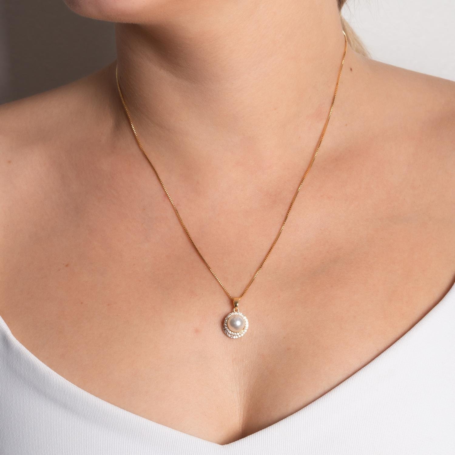 Clti-2152-Fo Colar Com Pingente Cravejado Cristal E Pérola (45cm+5cm).