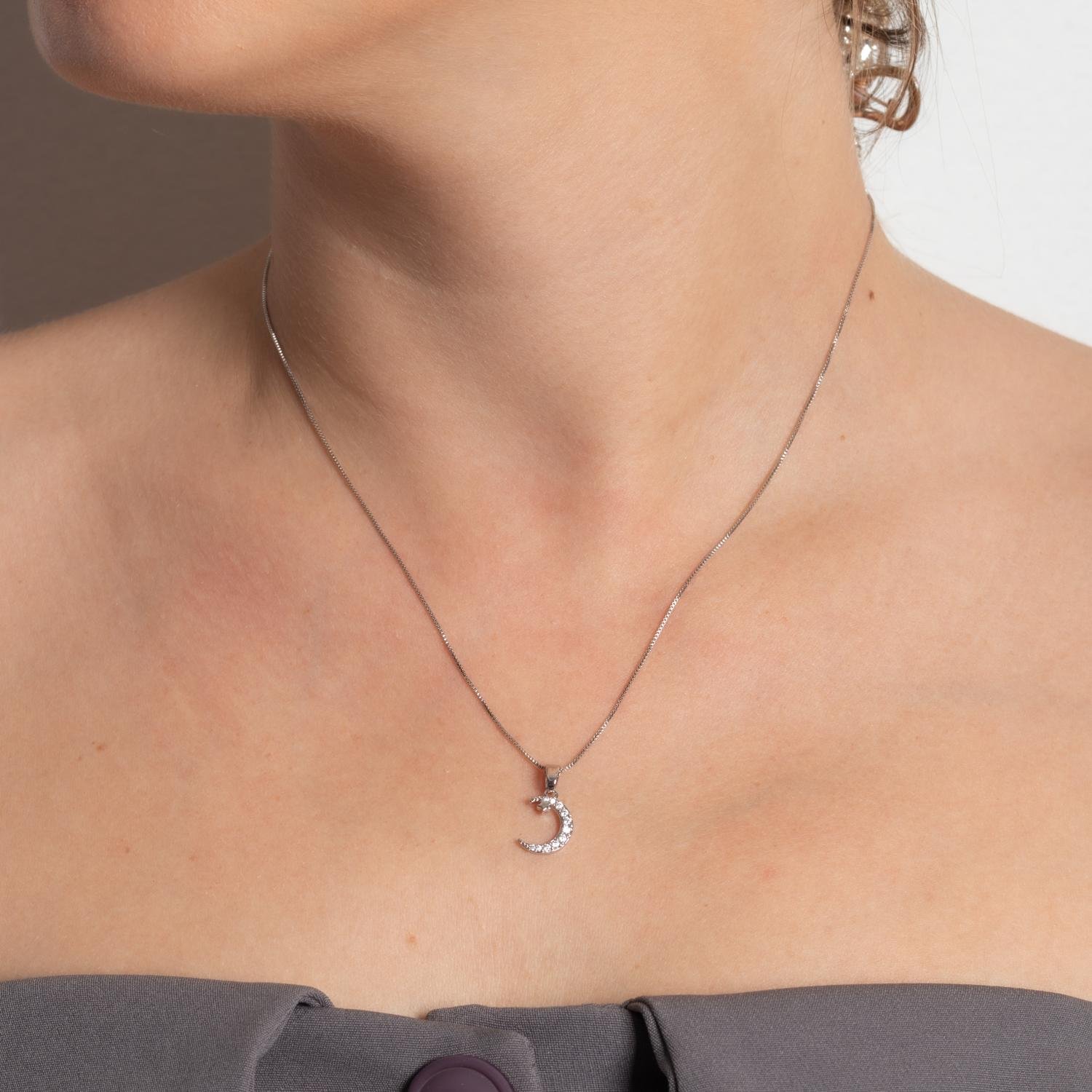 Clti-2158-Rd Colar De Lua Cravejado Cristal - Ródio Branco (40cm+5cm).