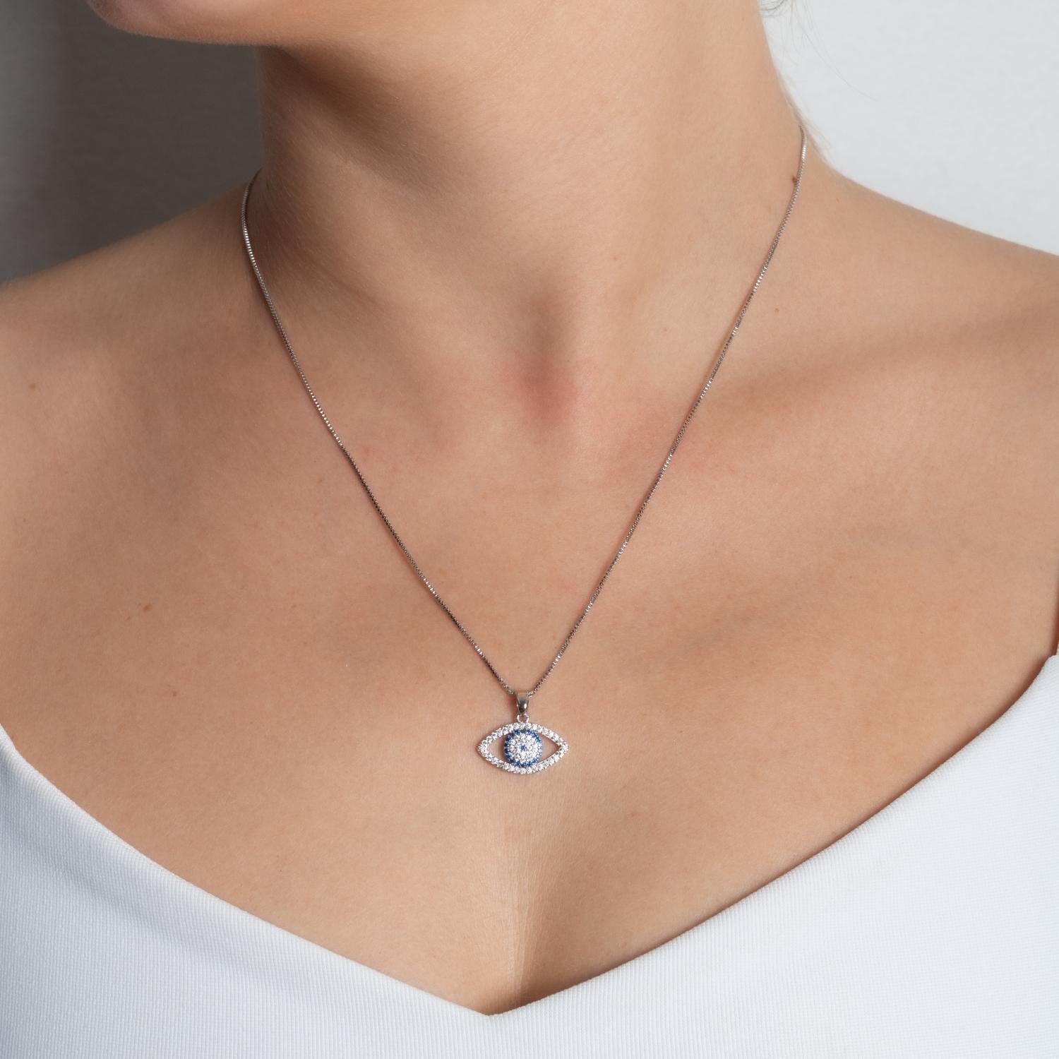 Clti-2171-Rd Colar Olho Grego Cravejado Cristal + Azul Escuro - Ródio Branco (45cm+5cm).