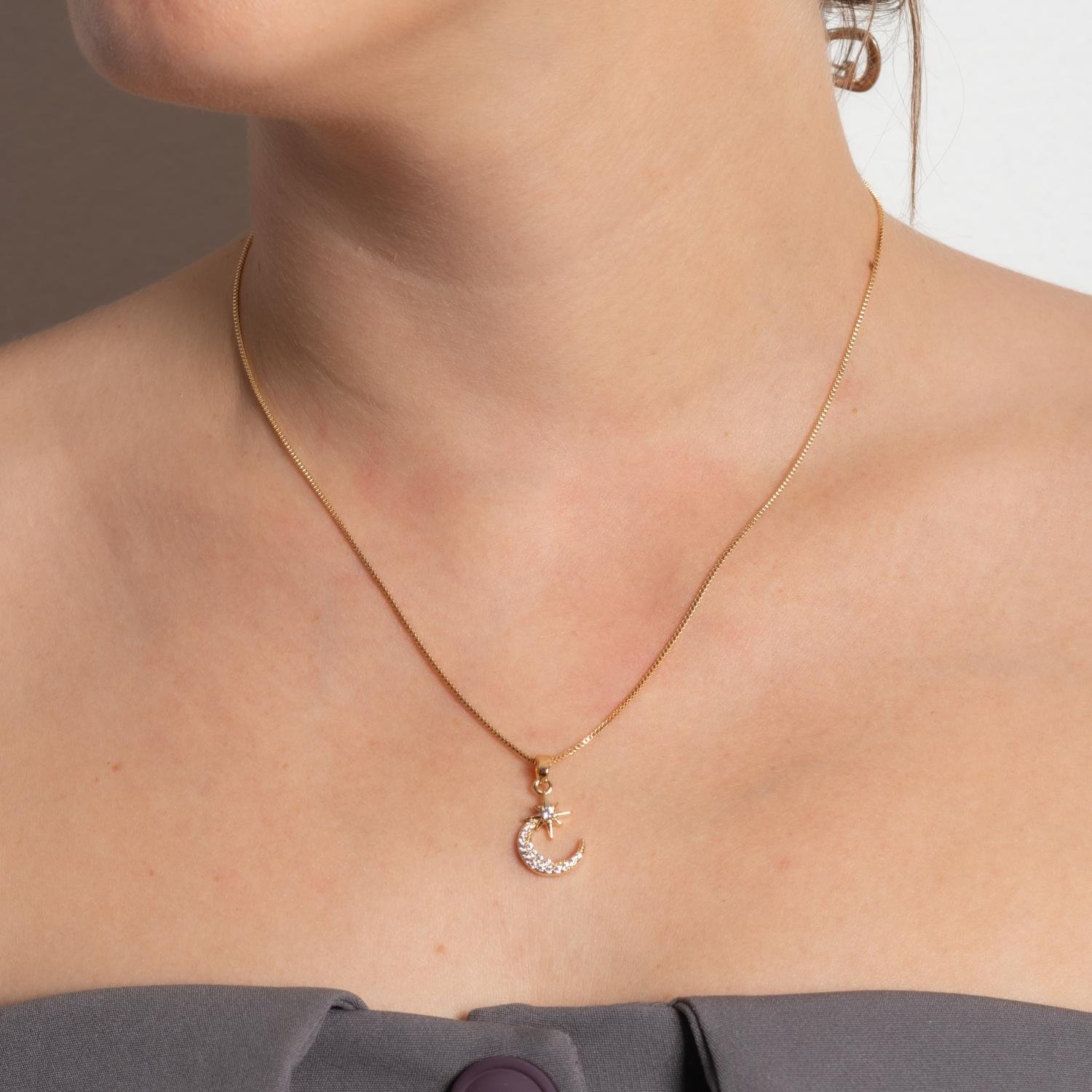 Clti-2180-Fo Colar Com Pingente De Lua E Estrela Cravejado De Zircônias Cristais (40cm+5cm).