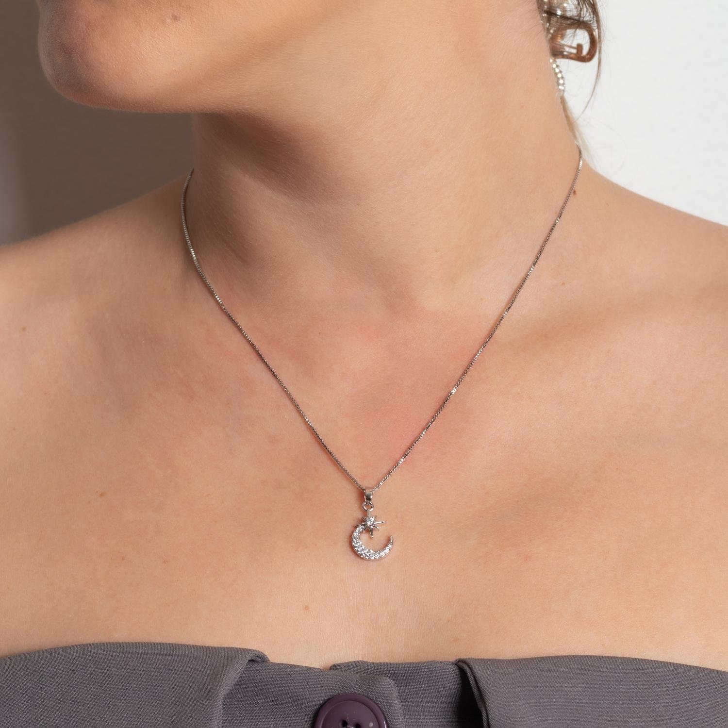 Clti-2180-Rd Colar Com Pingente De Lua Com Estrela Cravejado Cristal - Ródio Branco (40cm+5cm).