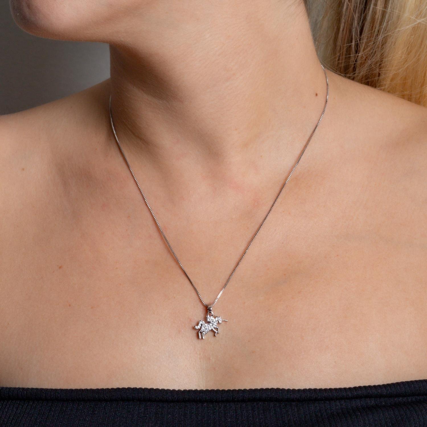 Clti-2184-Rd Colar Unicórnio Cravejado Cristal - Ródio Branco (45cm+5cm).