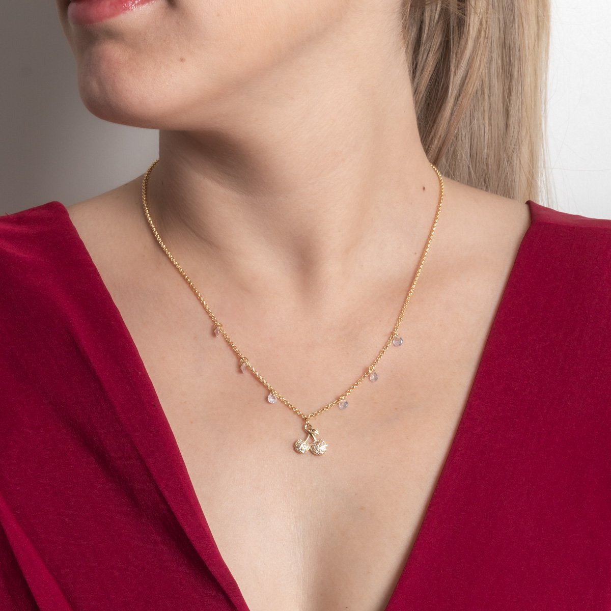 Clti-2185-Fo Colar Com Pingente De Cereja Cravejado E Zircônias Cristais (45cm+5cm).