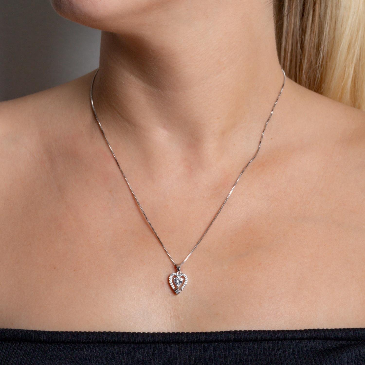 Clti-2186-Rd Colar De Coração Cravejado Cristal - Ródio Branco (45cm+5cm).