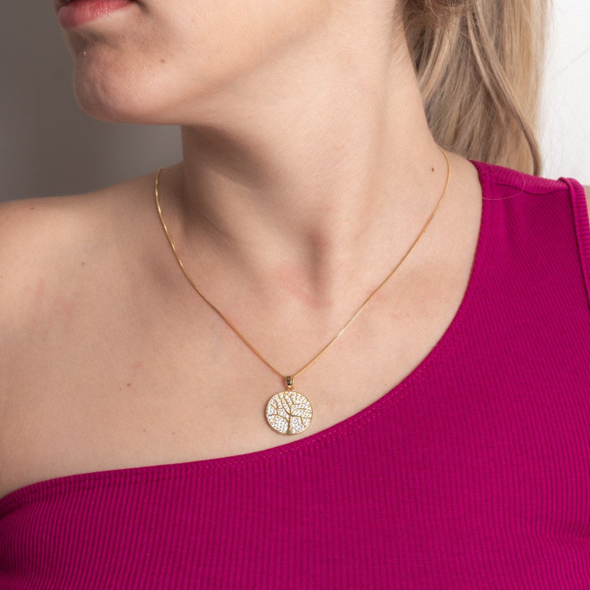 Clti-2301-Fo Colar De Árvore Da Vida Cravejado De Zircônias Cristais (45cm).