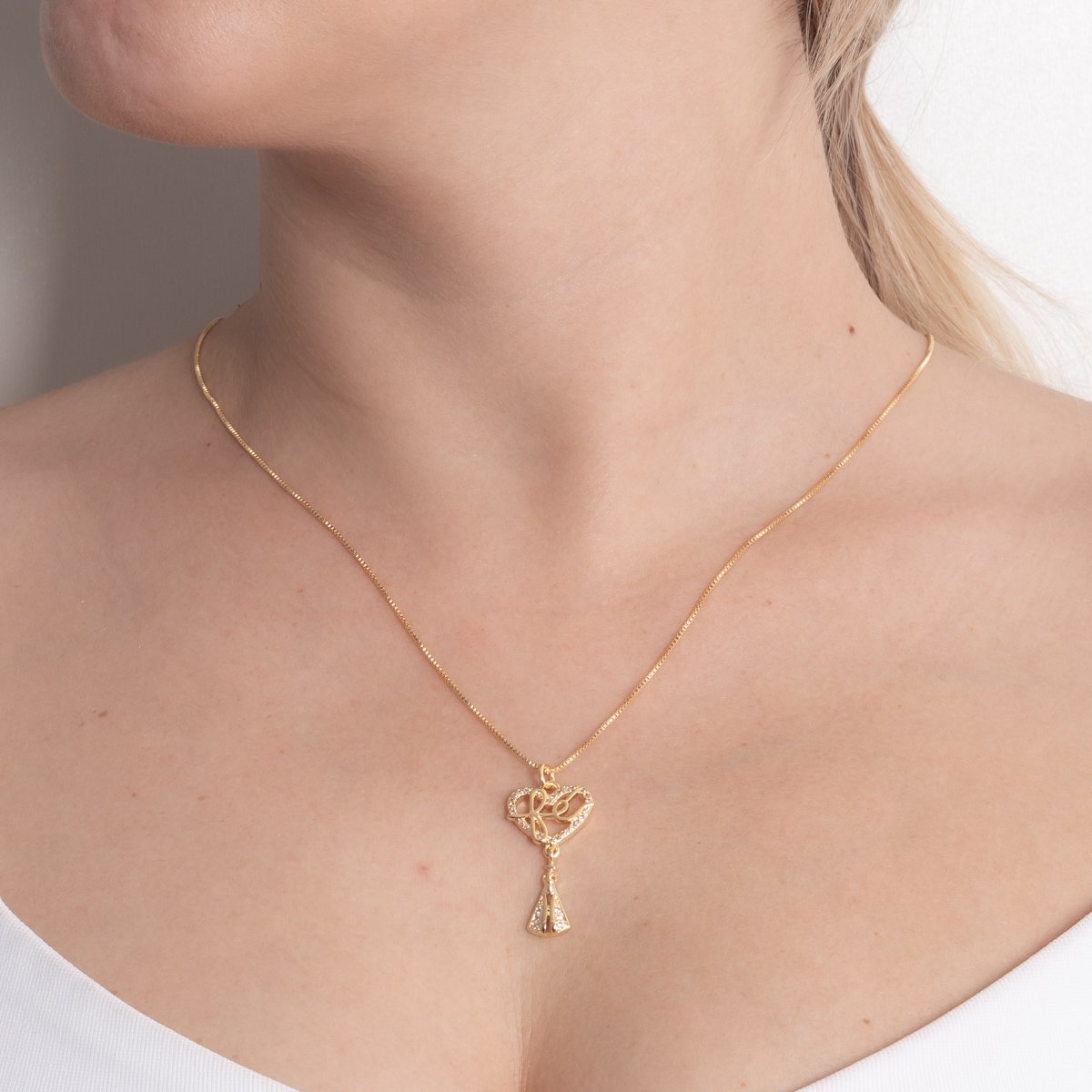 Clti-2318-Fo Colar Fé Com Nossa Senhora Aparecida Cravejado De Zircônias Cristais (45cm).