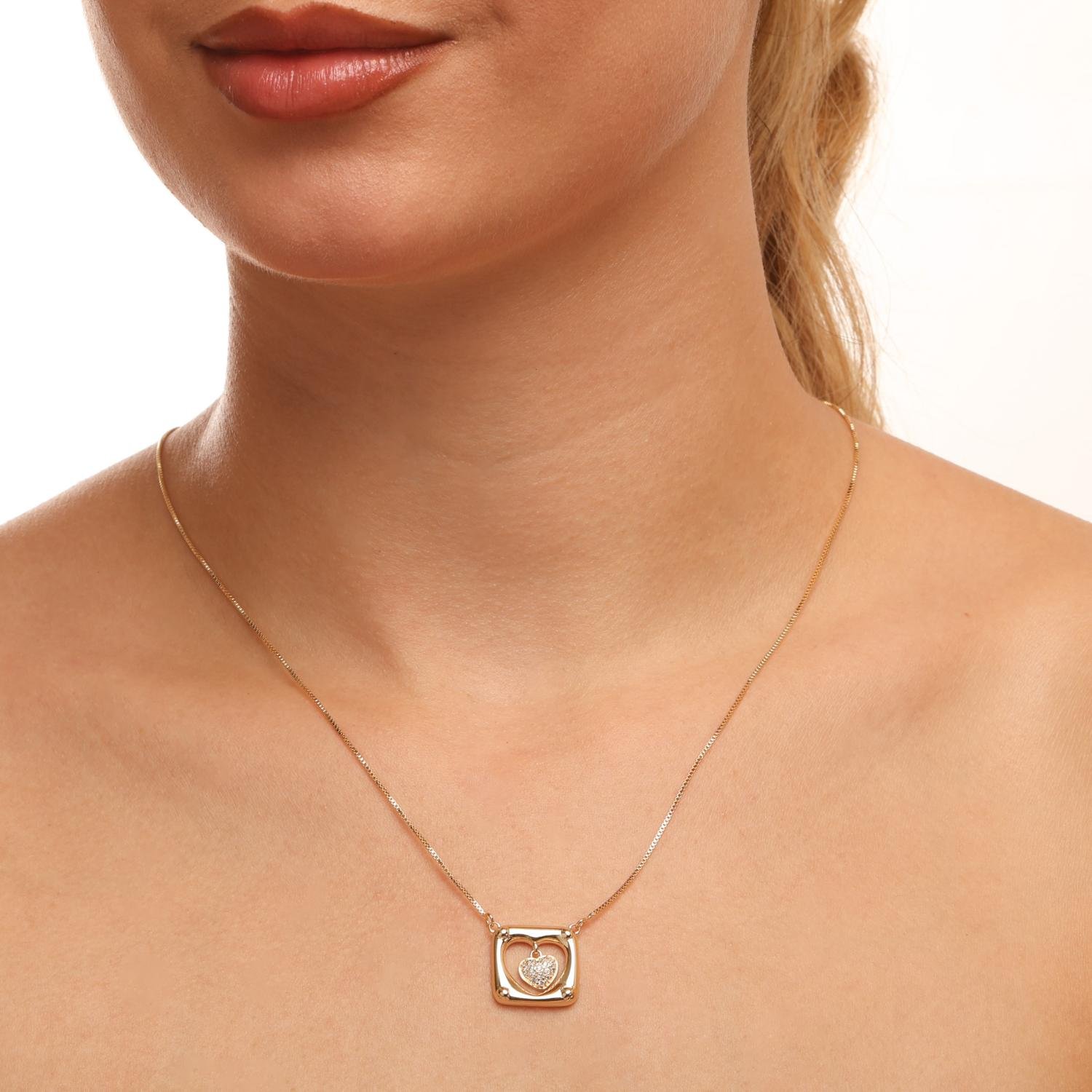 Clti-2396-Fo Colar Pingente Moldura Quadrada Lisa com Coração Pendente Cravejado