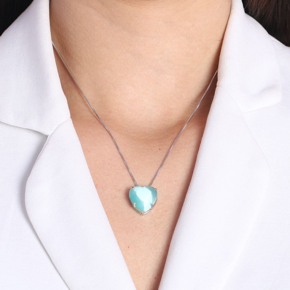 Clti-339-Rd (Ródio) (50cm) Colar Com Coração De Pedra Rosa