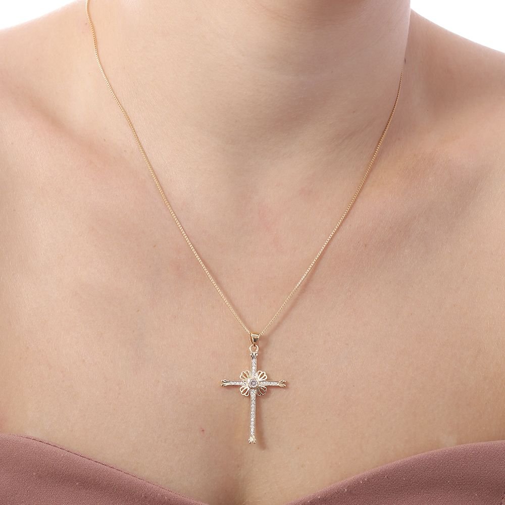 Clti-837-Fo (45cm+5cm) Colar De Crucifixo Cravejado De Zircônia.