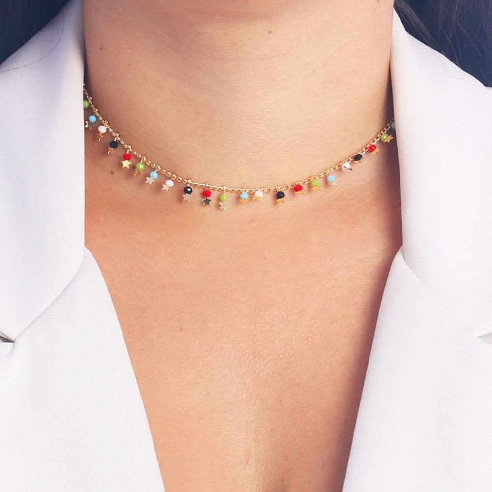 Co-189-Fo (32cm+10cm) Choker De Pedrinhas Coloridas E Estrelas