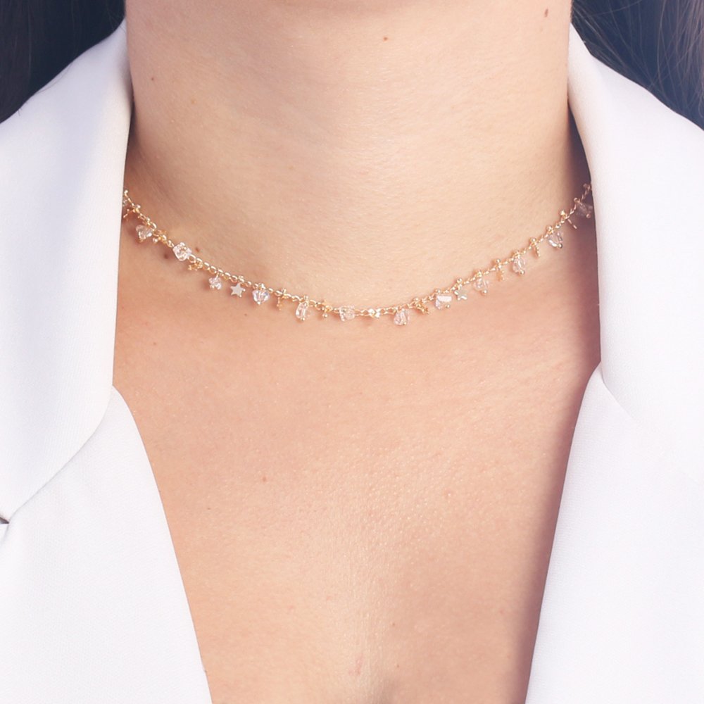 Co-190-Fo (32cm+10cm) Colar De Estrelas E Pedras Cristal