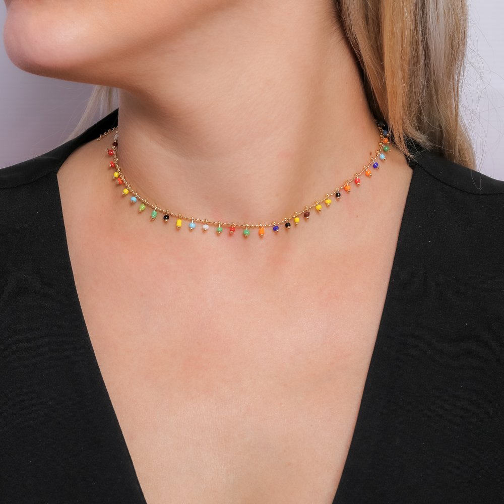 Co-191-Fo (32cm+10cm) Choker De Pedrinhas Coloridas