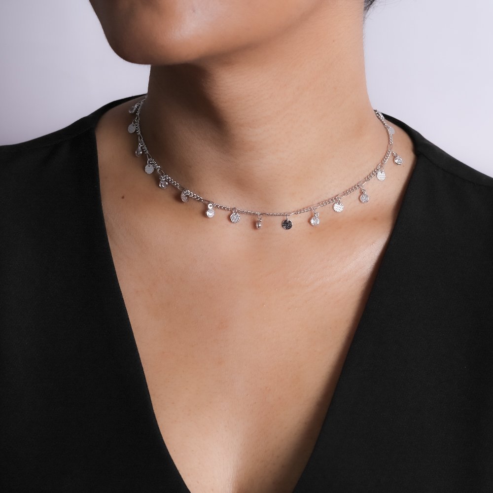 Co-252-Rd Choker Com Zircônias E Bolinhas Plana - Ródio Branco (32cm+10cm).