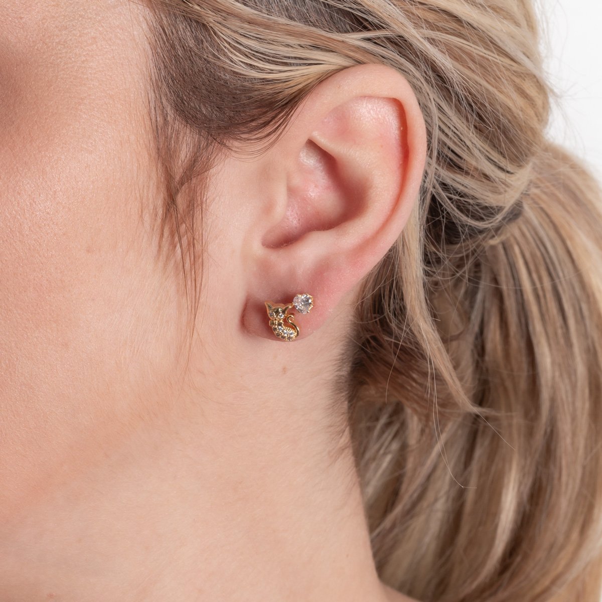 Duplo-119-Do Brinco Duplo De Coração E Gatinho Cristal.