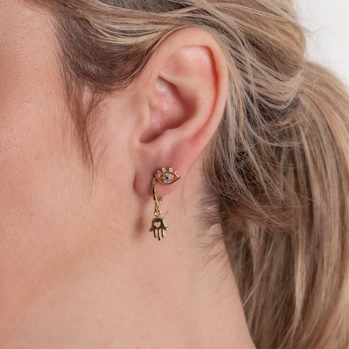 Duplo-92-Do Brinco Duplo Proteção Olho Grego E Mão De Fátima Em Argola Articulada Cristal.