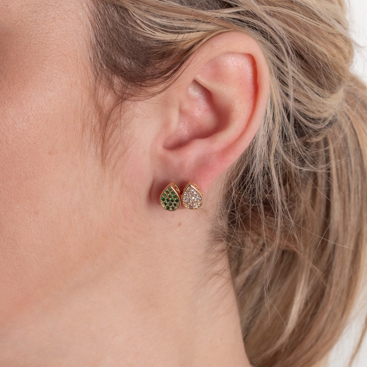 Duplo-95-Do Brinco Duplo De Gotas Cravejados Cristal + Verde Esmeralda.&Nbsp;