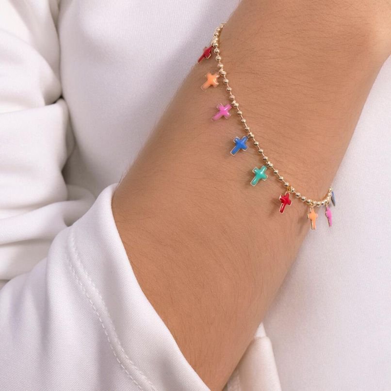 Pst-1925-Fo Pulseira Com Bolinhas E Cruz Coloridas