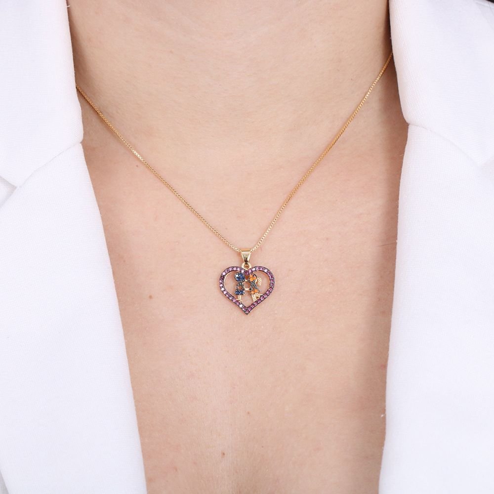 Clti-920-Fo-C/Ródio - Colar Coração Menino/Menina Cravejado