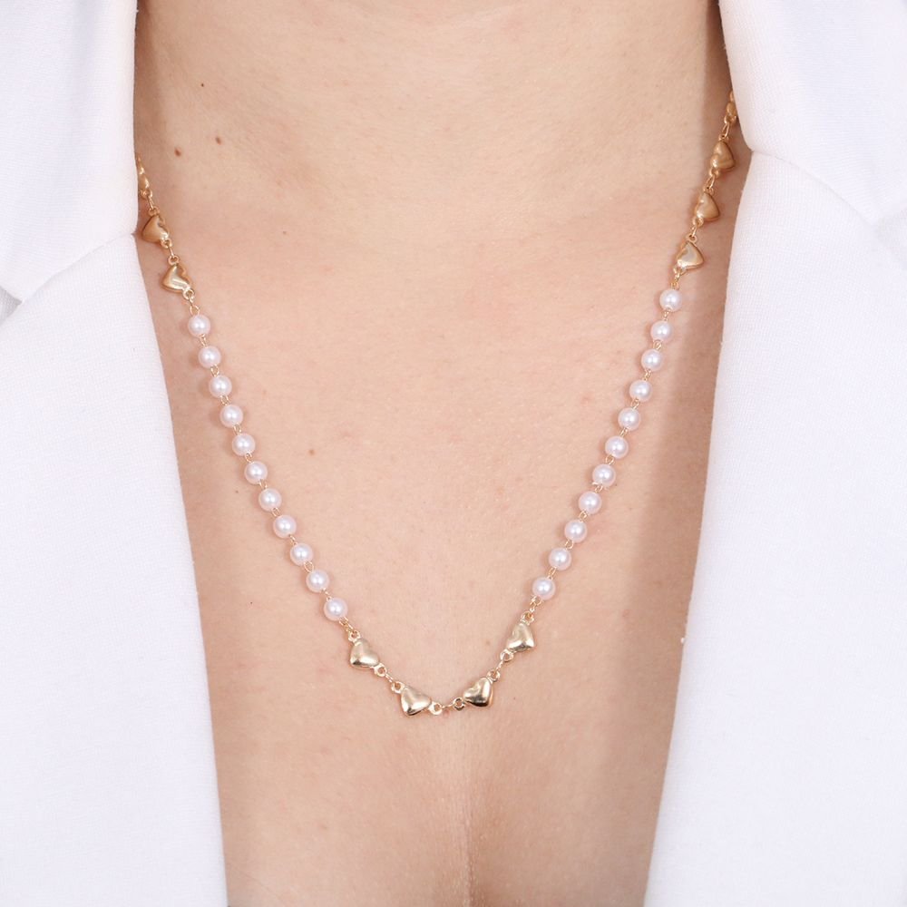 Clt-3075-Fo Colar Longo De Pérolas Com Corações Liso.