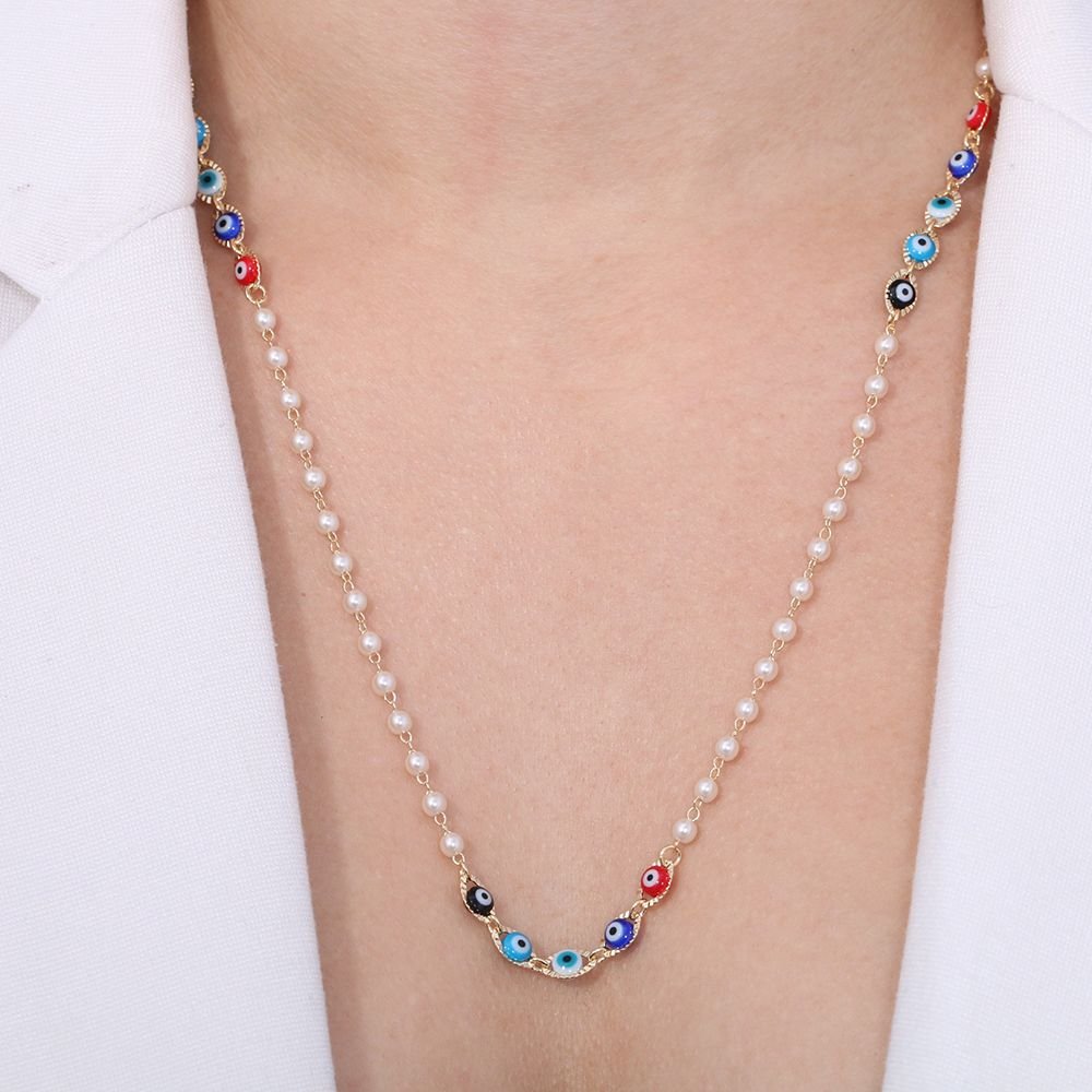 Clt-3080-Fo (84cm) Colar Micro Pérolas E Olho Grego Color