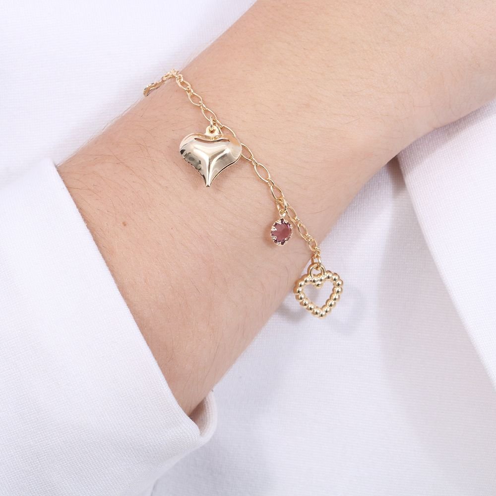Pst-3104-Fo Pulseira De Corações E Zircônias Rosa