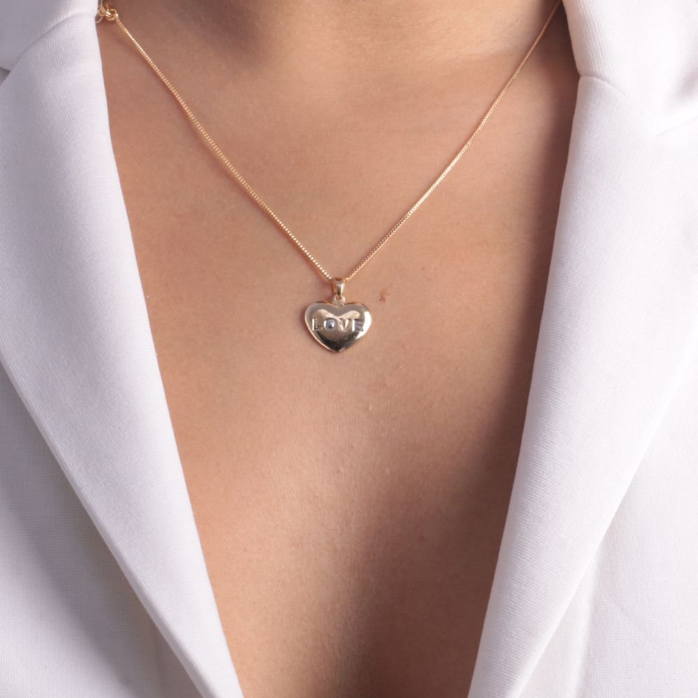 Clt-5246-Fo-C/Ródio Colar De Coração 'Love' (45cm+5cm)