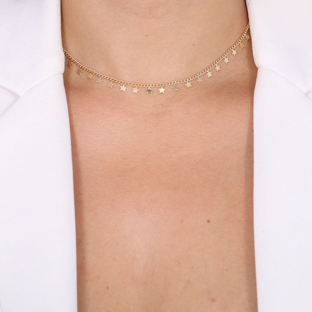 Clt-3185-Fo (32cm+10cm) Choker De Estrelinhas