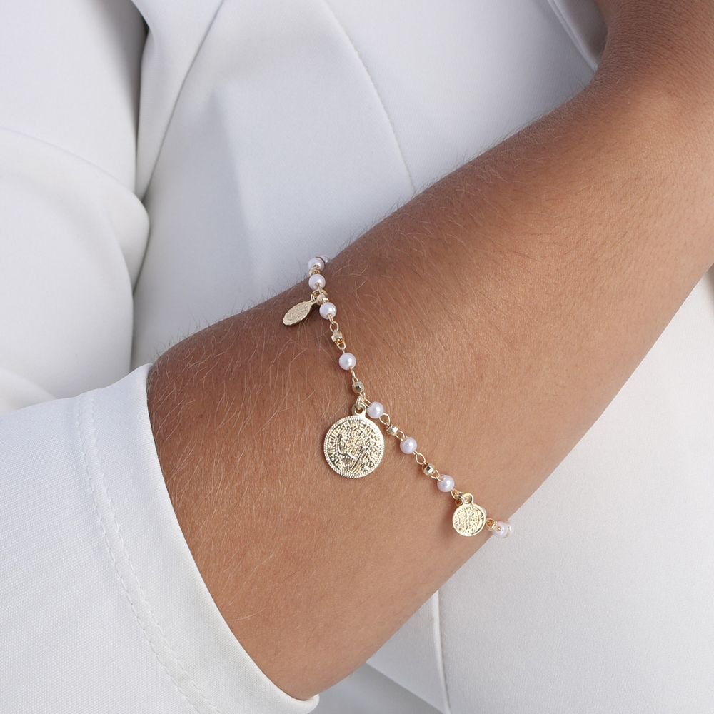 Pst-2560-Fo Pulseira De Pérolas E Bolinhas Com Medalhas De S