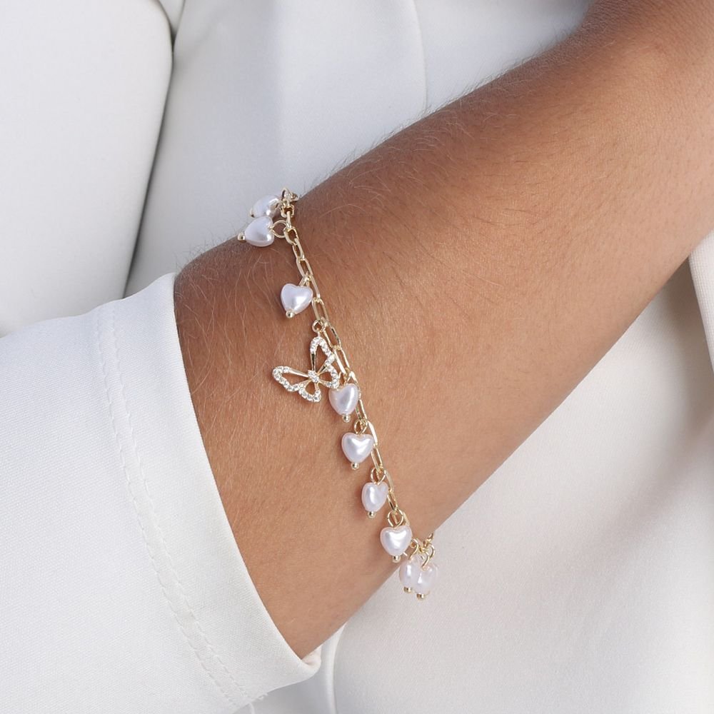 Pst-3180-Fo Pulseira De Borboleta E Pérolas De Corações
