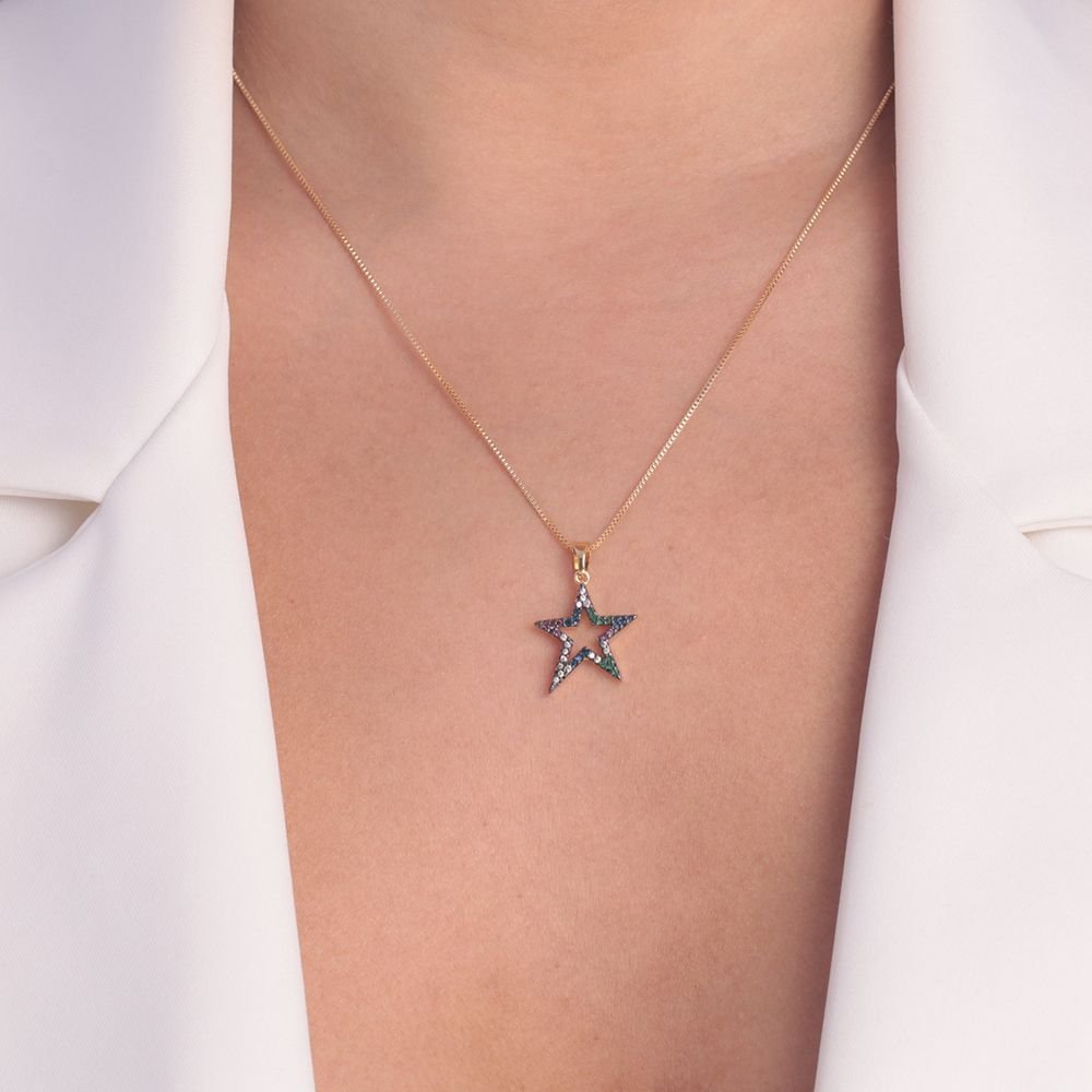 Clti-1325-Fo-C/Ródio Colar De Estrela Cravejado (45cm+5cm)