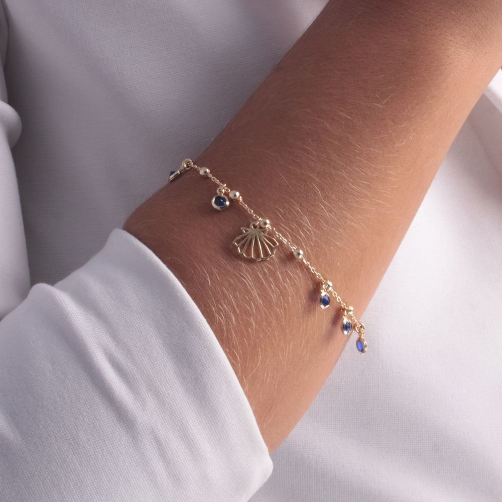 Pll-41-Fo Pulseira De Concha Com Pêndulos De Zircônias Azuis