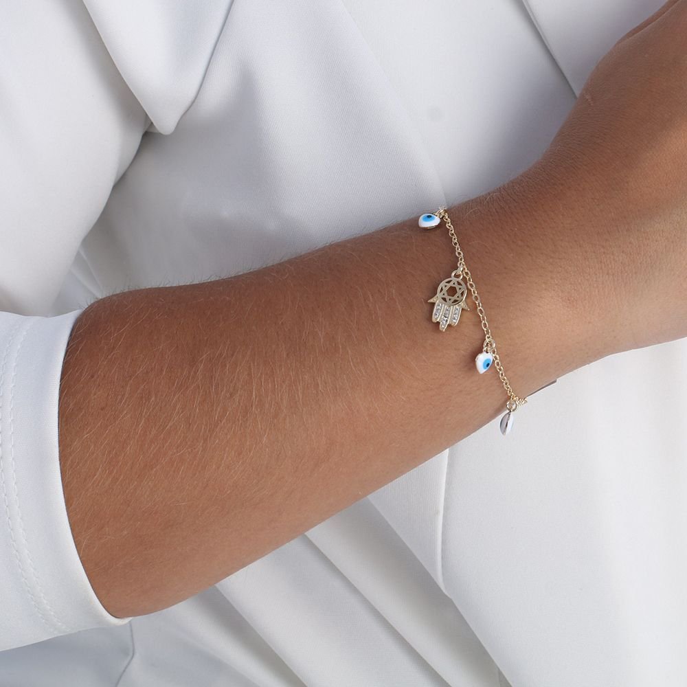 Pst-2621-Fo Pulseira Com Mão De Fátima E Olho Grego