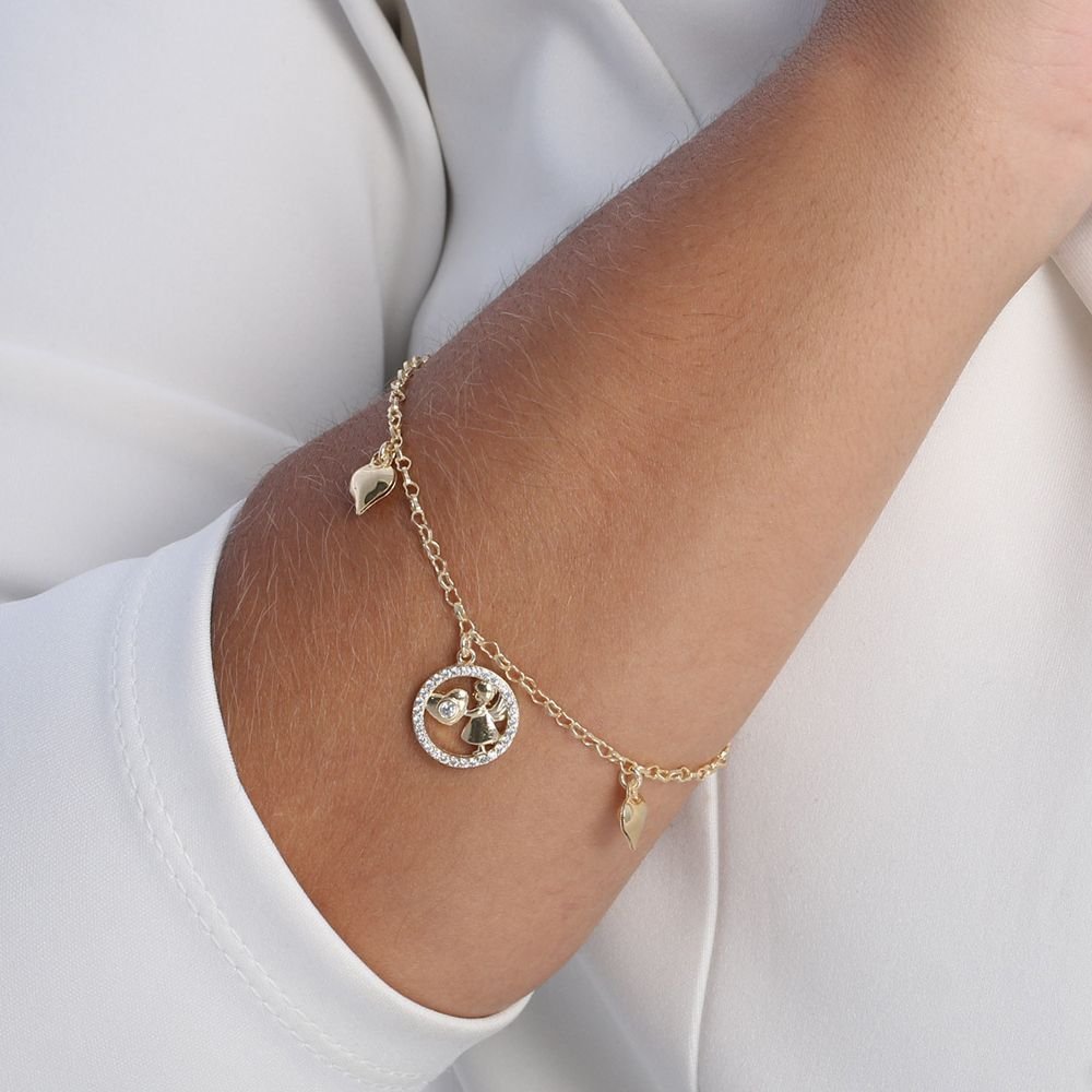 Pst-2623-Fo Pulseira De Corações Com Medalha Vazada Anjinho