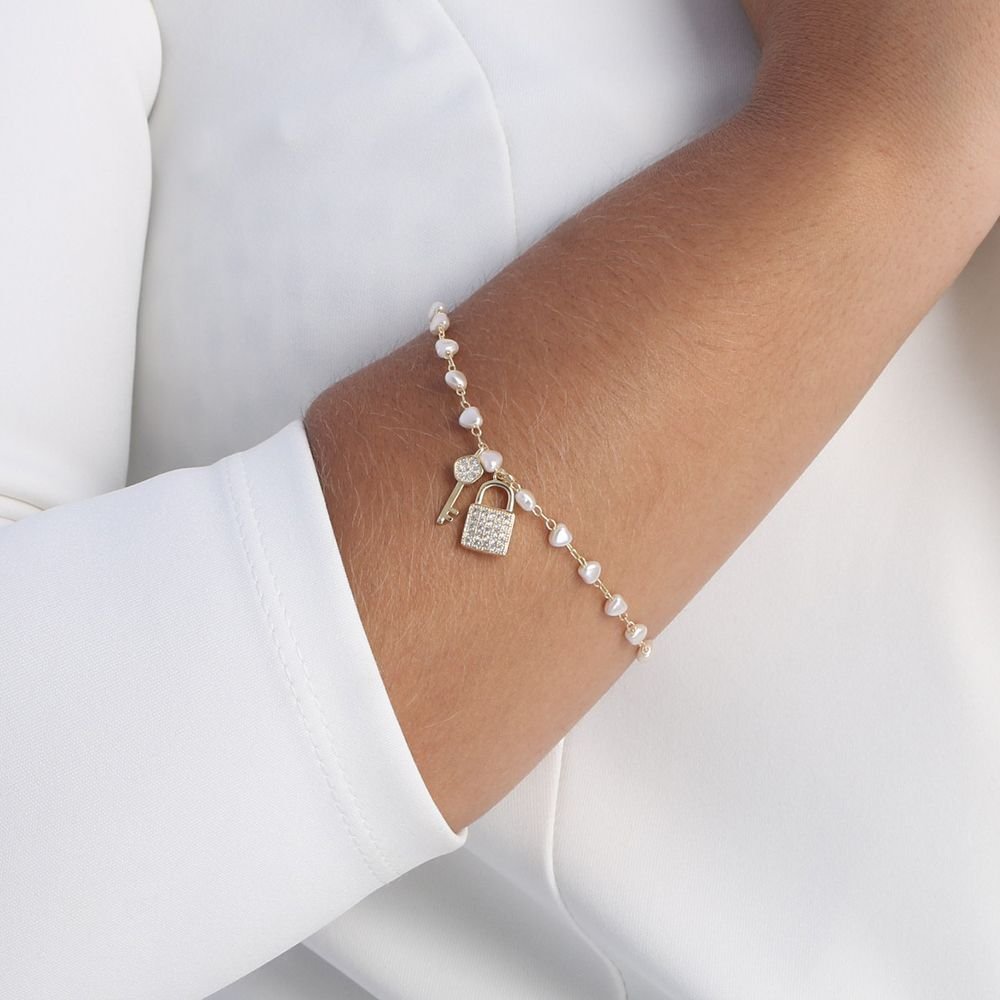 Pst-2628-Fo Pulseiras Pérolas De Coração Com Chave E Cadeado