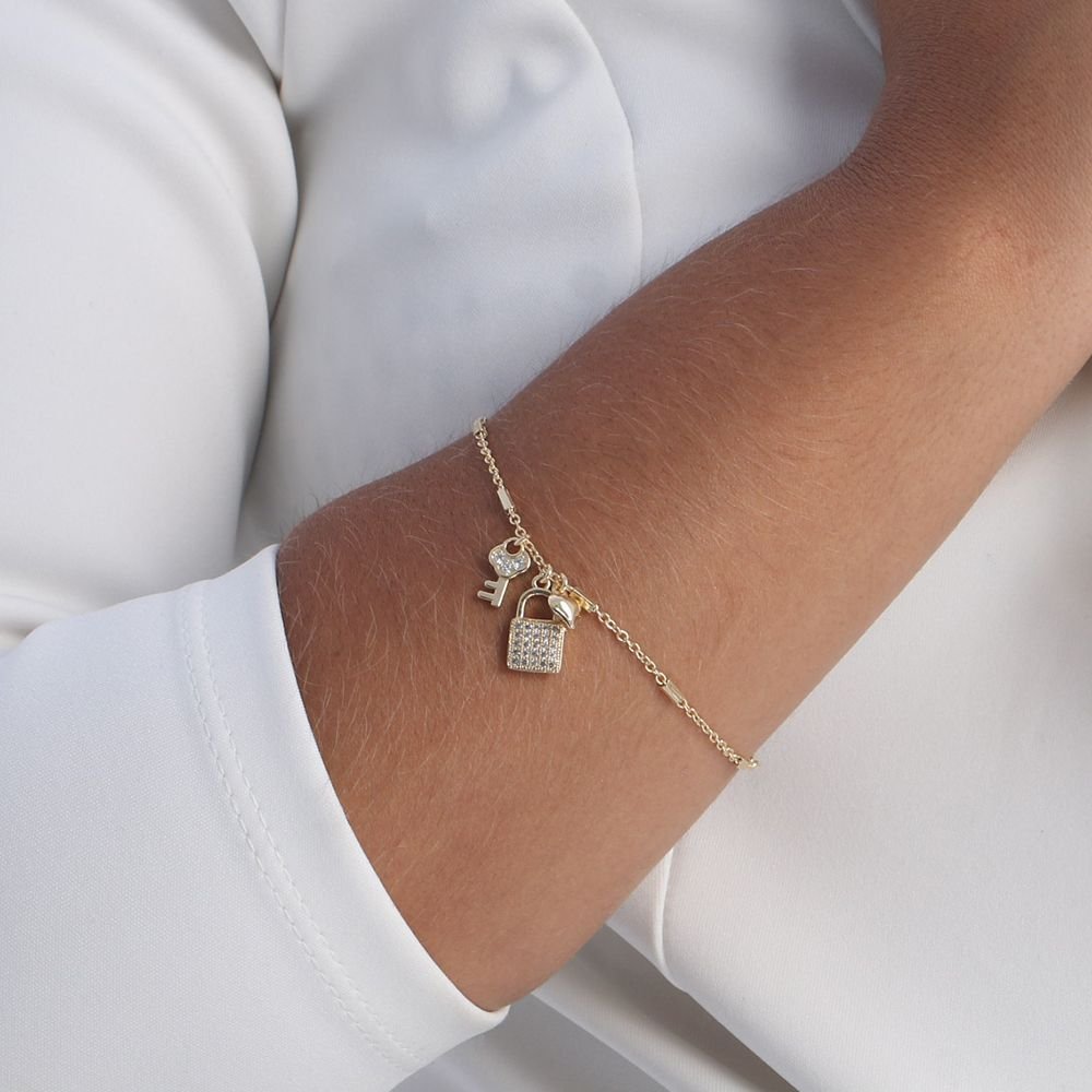 Pst-2629-Fo Pulseira Cadeado, Coração E Chave