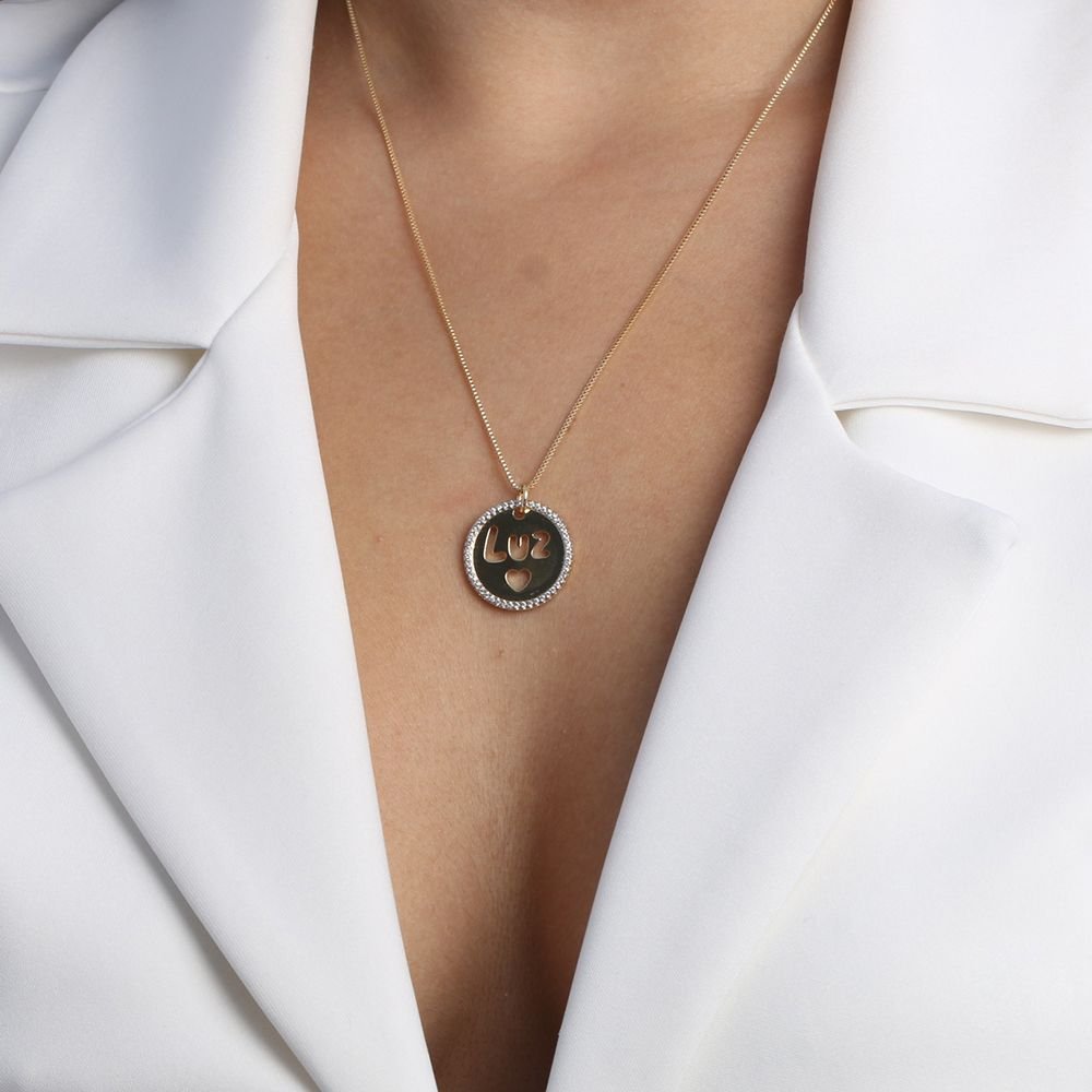 Clti-1346-Fo-C/Ródio Colar Medalha 'Luz' Cravejado (45cm+5cm