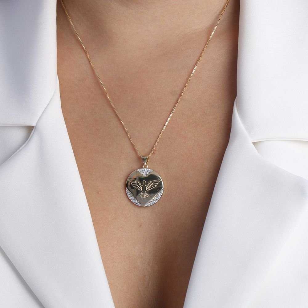 Clti-1347-Fo C/Ródio (45cm+5cm) Colar Com Medalha De Espiríto Santo Cravejado