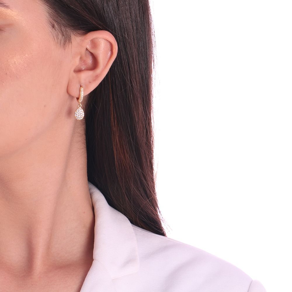 Ag-445-Do Brinco De Argolinha Com Pingente De Gota Cravejada