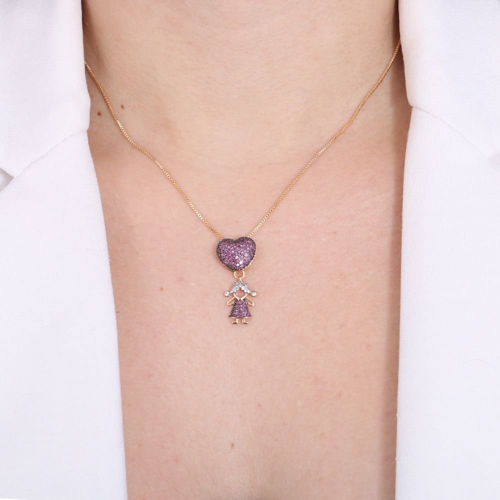 Clti-1087-Fo C/Ródio (45cm+5cm) Colar De Menina E Coração Cravejado Cristal