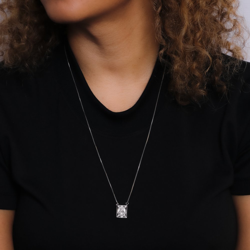 Esc-166-Rd Escapulário Sagrado Coração De Jesus + Nossa Senhora Do Carmo - Ródio Branco (30x30cm).