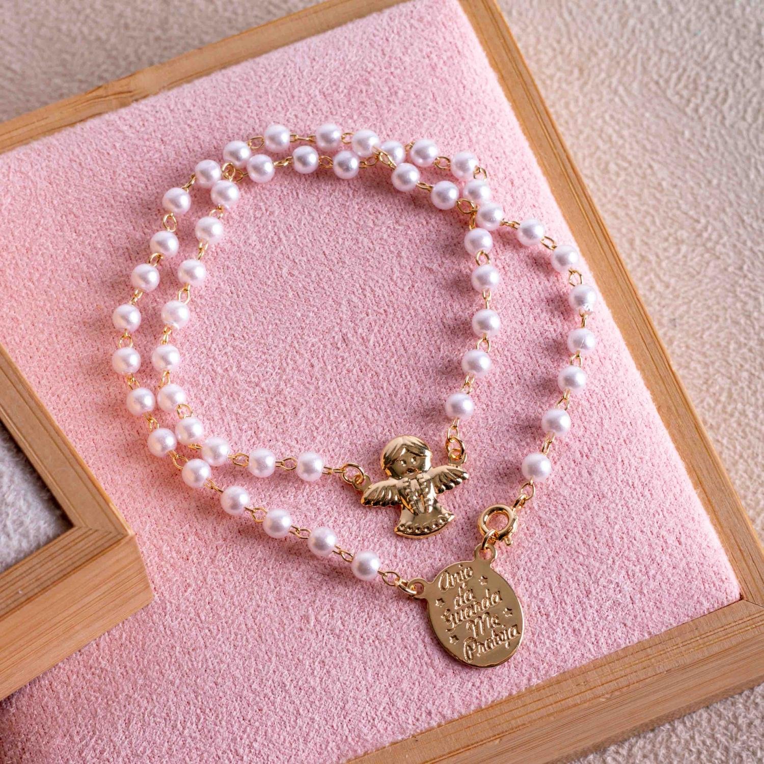 Esc-200-Fo Escapulário De Pérolas Com Anjo E Plaquinha De Anjo Da Guarda (29,5cm).