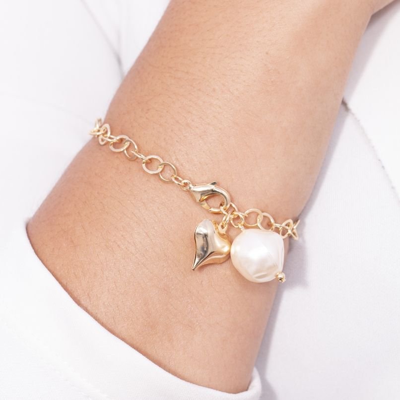 Pst-2262-Fo Pulseira Elos Coração Liso E Pérola