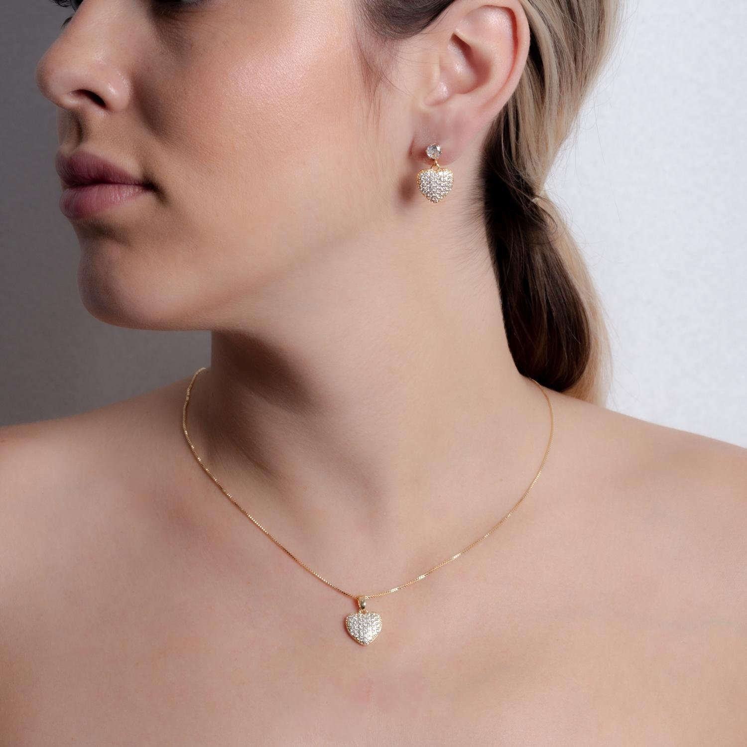 Cjt-912-Fo Conjunto De Coração Cravejado Cristal - Ródio Branco (45cm+5cm).