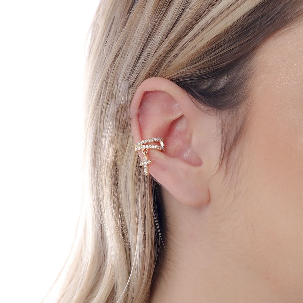 Pir-324-Do Piercing Cravejado De Zircônias Com Cruz. Pir-324-Do Piercing Cravejado De Zircônias Com Cruz.