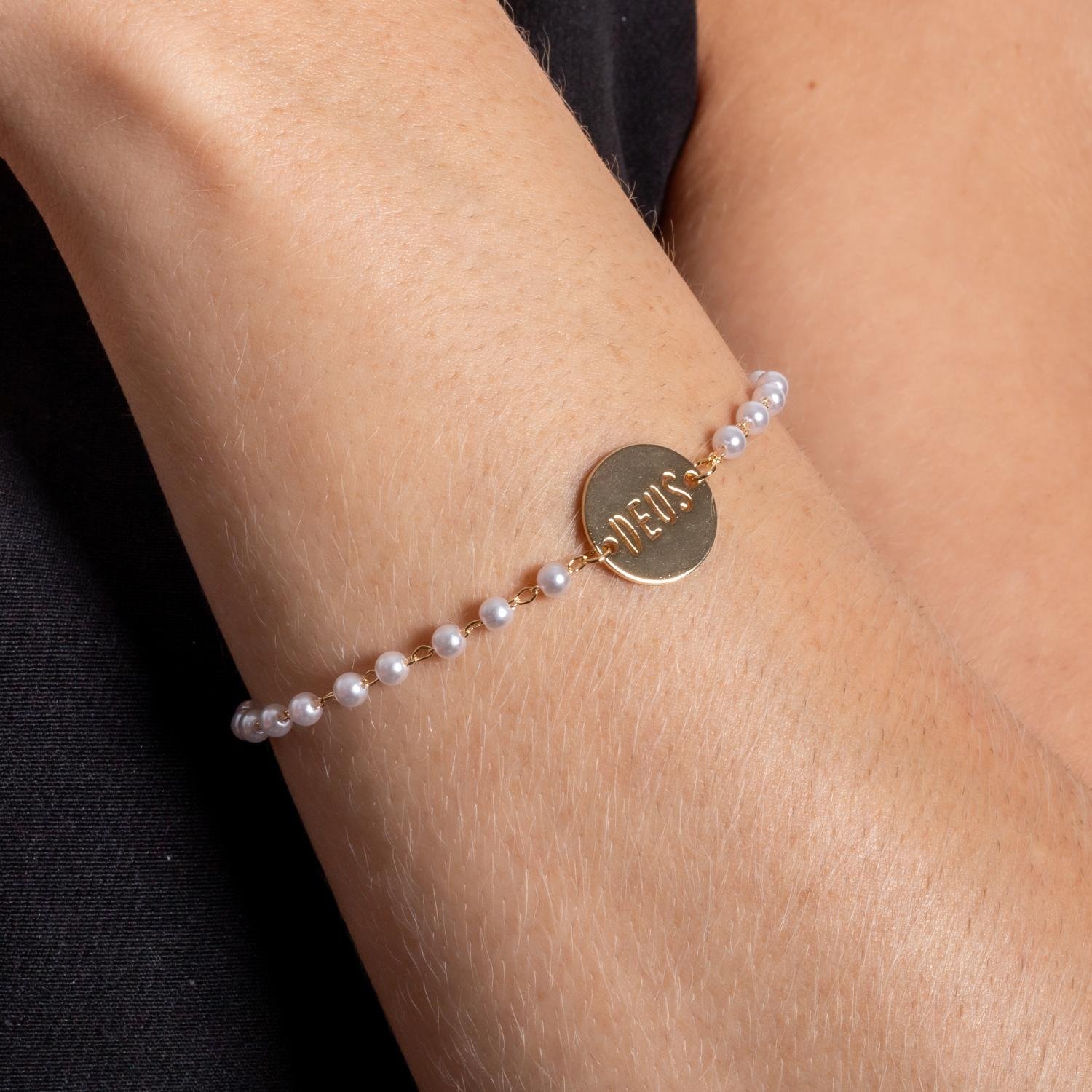 Pll-152-Fo Pulseira Com Medalha Deus E Pérolas.