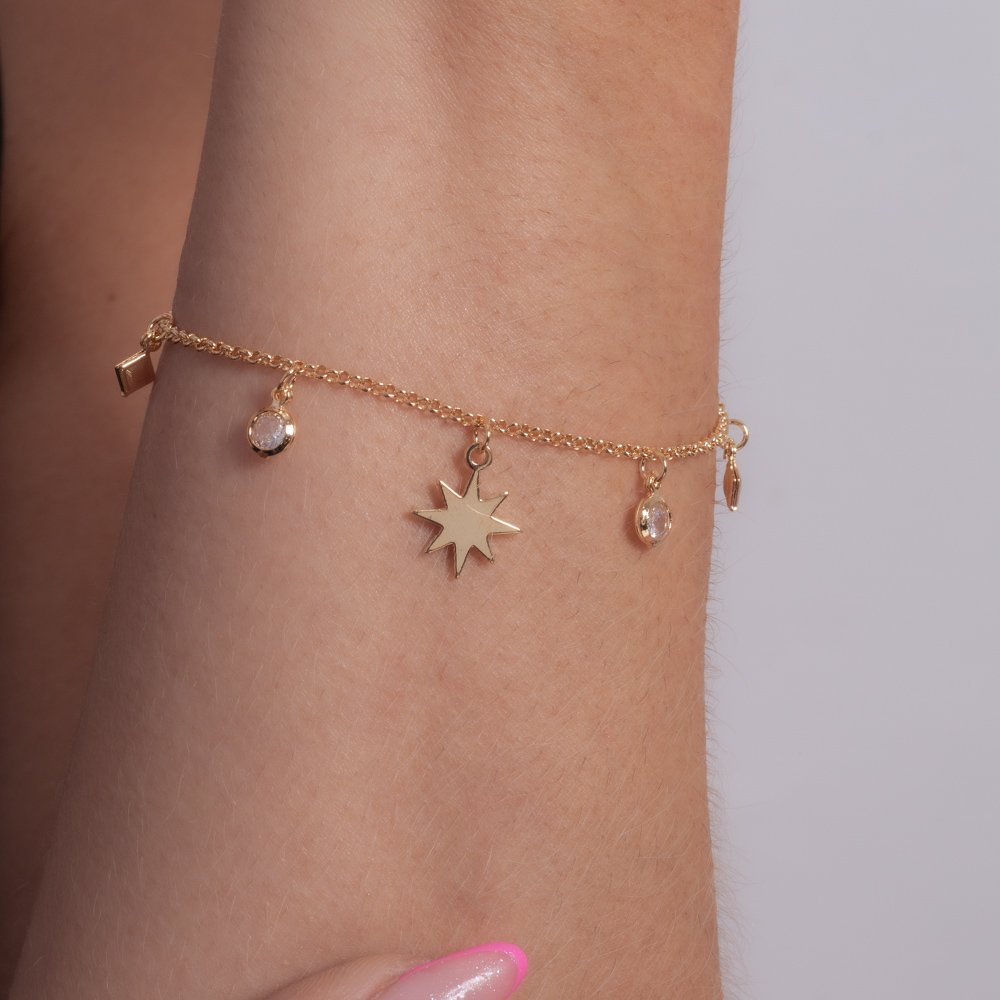 Pll-26-Fo Pulseira Com Pingentes De Estrela E Zircônias&Nbsp; Cristais.