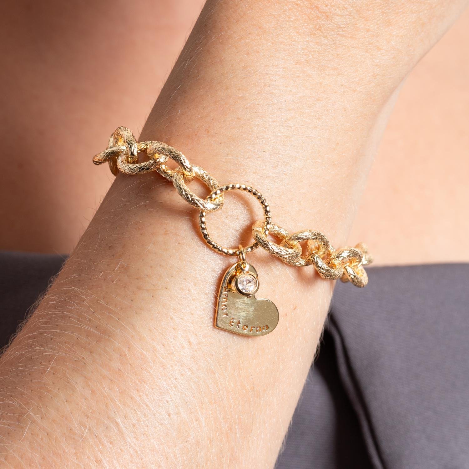 Pll-398-Fo Pulseira De Elos Detalhados Com Pingente De Coração Escrito Amor Eterno E Ponto De Luz Cristal.