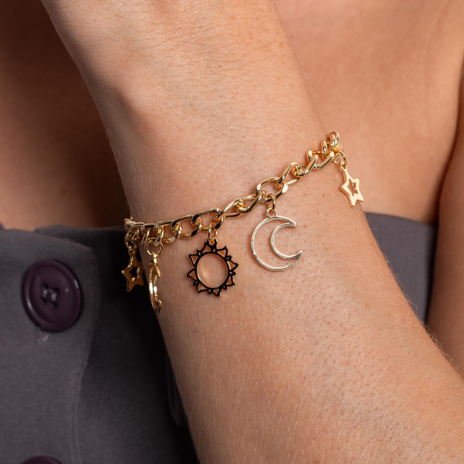 Pll-399-Fo Pulseira Elos Com Pingentes De Lua, Sol E Estrela.